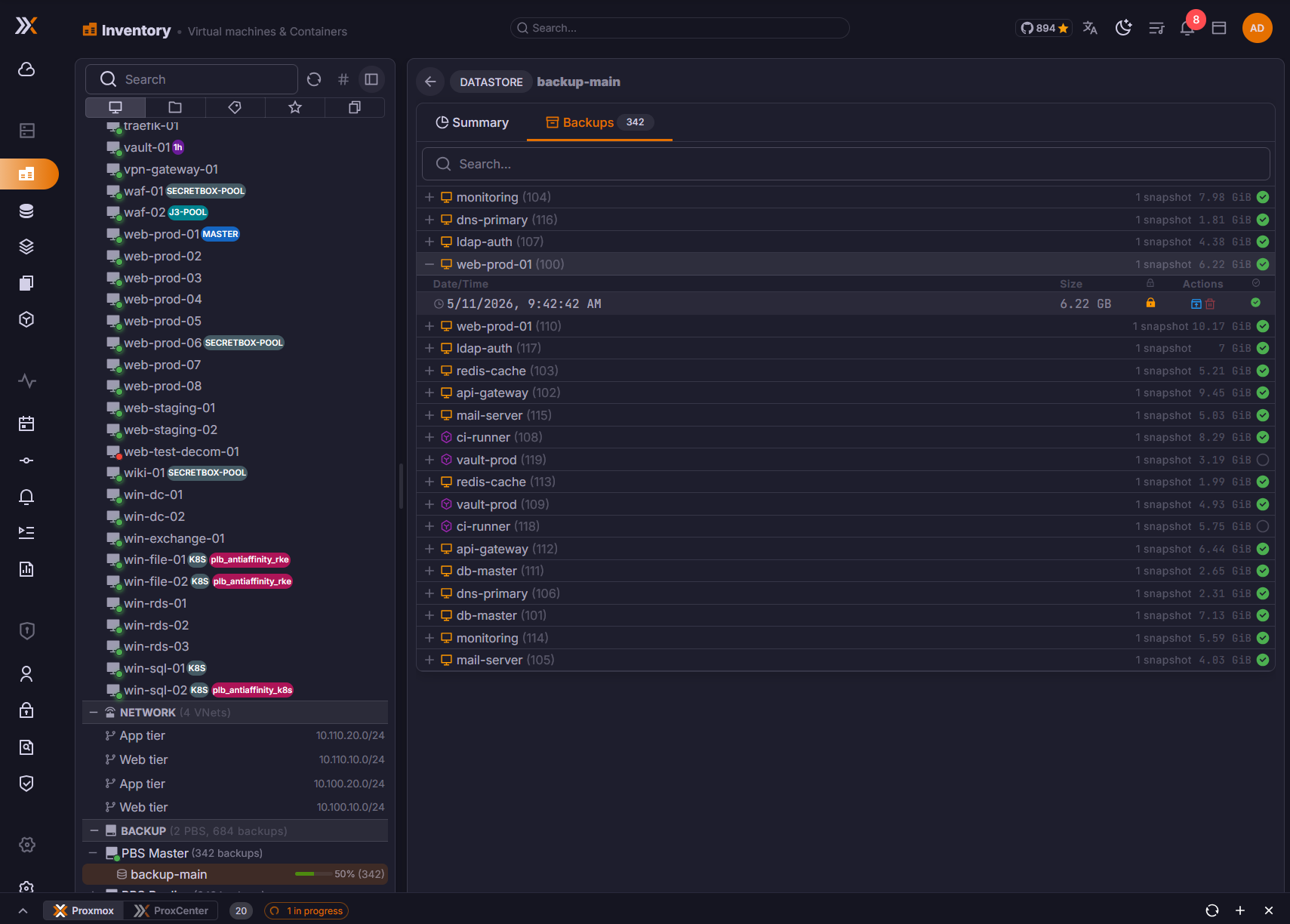 Backup detail drawer with metadata, archive explorer, restore actions, verify, and delete controls